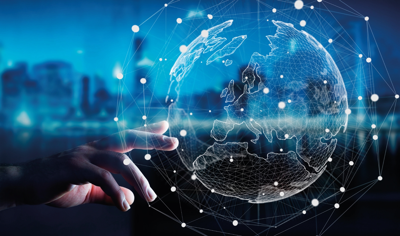 Hand touching a globe with digital communication lines with a city background.